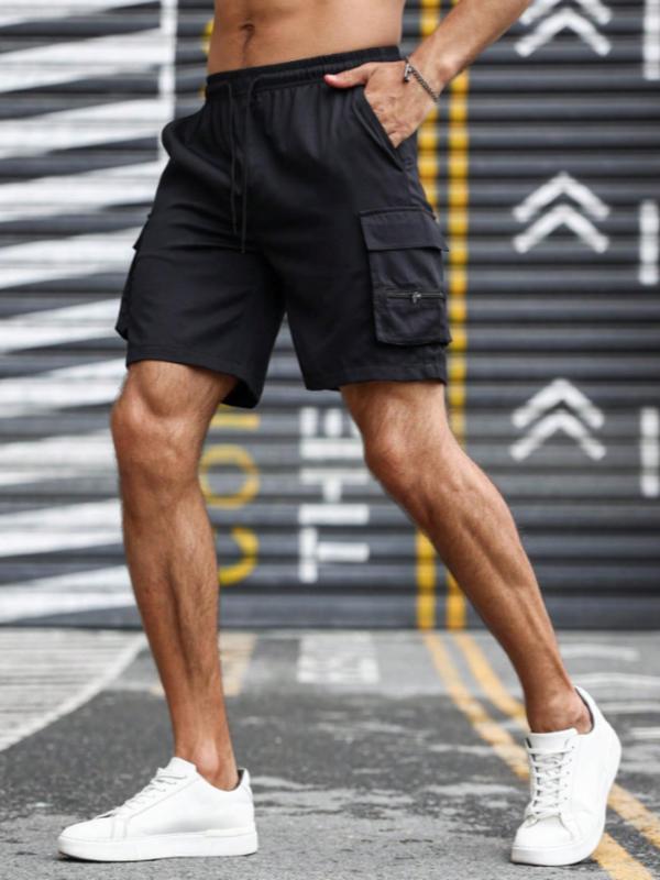 Men's Casual Solid Elastic Waist Shorts, Summer Clothes Regular Fit Fashion Casual Pocket Drawstring Waist Shorts For Daily Wear, Men's Bottoms For Summer