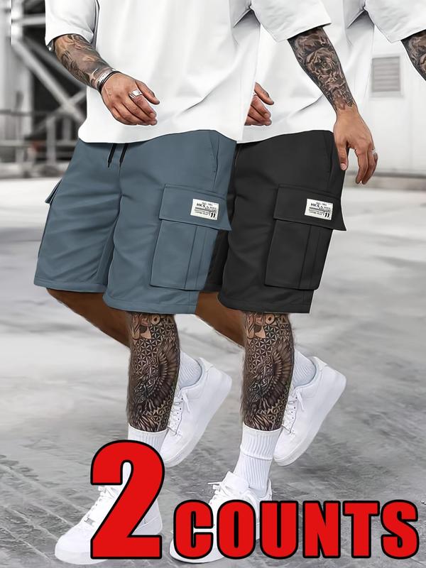 Men's Solid Patched Drawstring Waist Cargo Shorts, Regular Fit Casual Flap Pocket Straight Leg Shorts for Summer, Fashion Men's Bottoms for Daily Wear