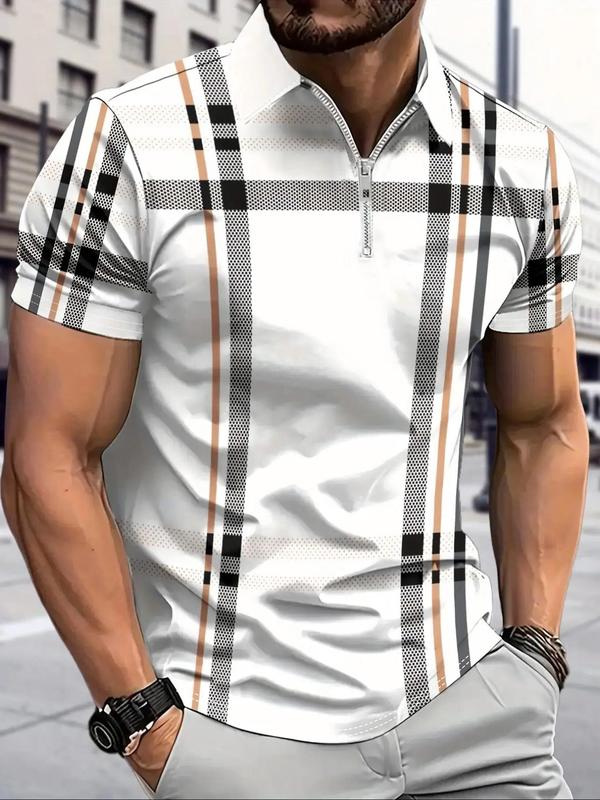 Men's Plaid Print Zipper Polo Shirt, Casual Short Sleeve Top for Summer, Streetwear, Fashion Men's Clothes for Daily Wear