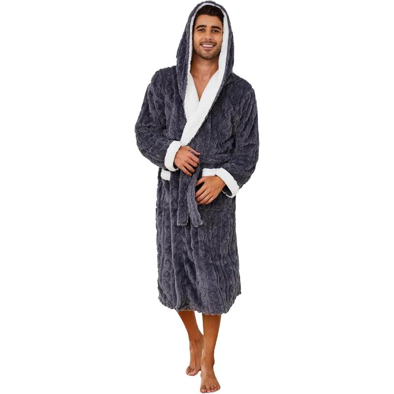 Mens Robe with Hood,Full Length Plush Robe for Men Thick Fleece Bathrobe