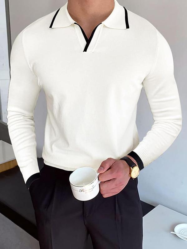 Men's Contrast Binding Polo Neck Sweater, Regular Fit Casual Long Sleeve Jumper for Fall & Winter, Men's Knitwear for Daily Wear, Fall Outfits, Fallfreshness