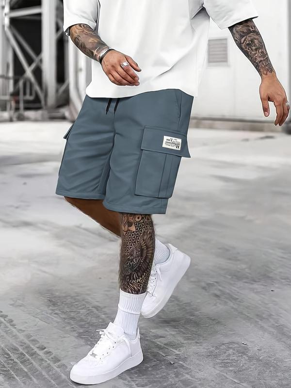 Men's Solid Patched Drawstring Waist Cargo Shorts, Regular Fit Casual Flap Pocket Straight Leg Shorts for Summer, Fashion Men's Bottoms for Daily Wear