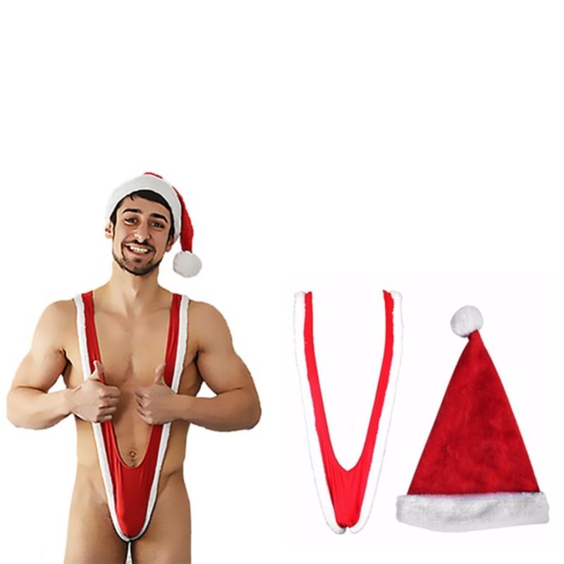 Men's Tempting Borat Style Christmas Santakini Mankini with Hat Set (2-Piece)