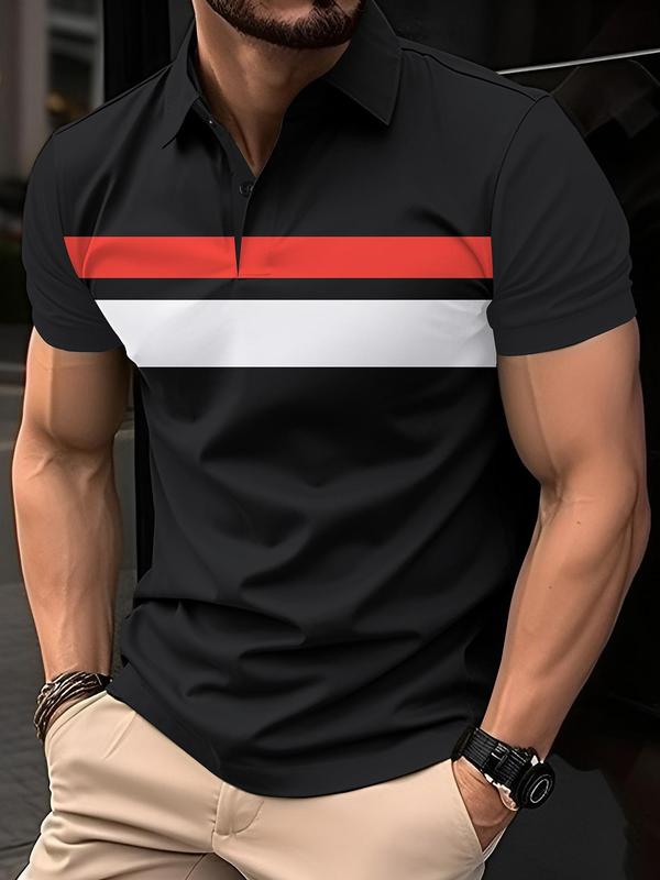 Men's Colorblock Striped Print Short Sleeve Polo Shirt, Casual Regular Fit Button Front Top for Summer, Fashion Men's Clothes for Daily Wear