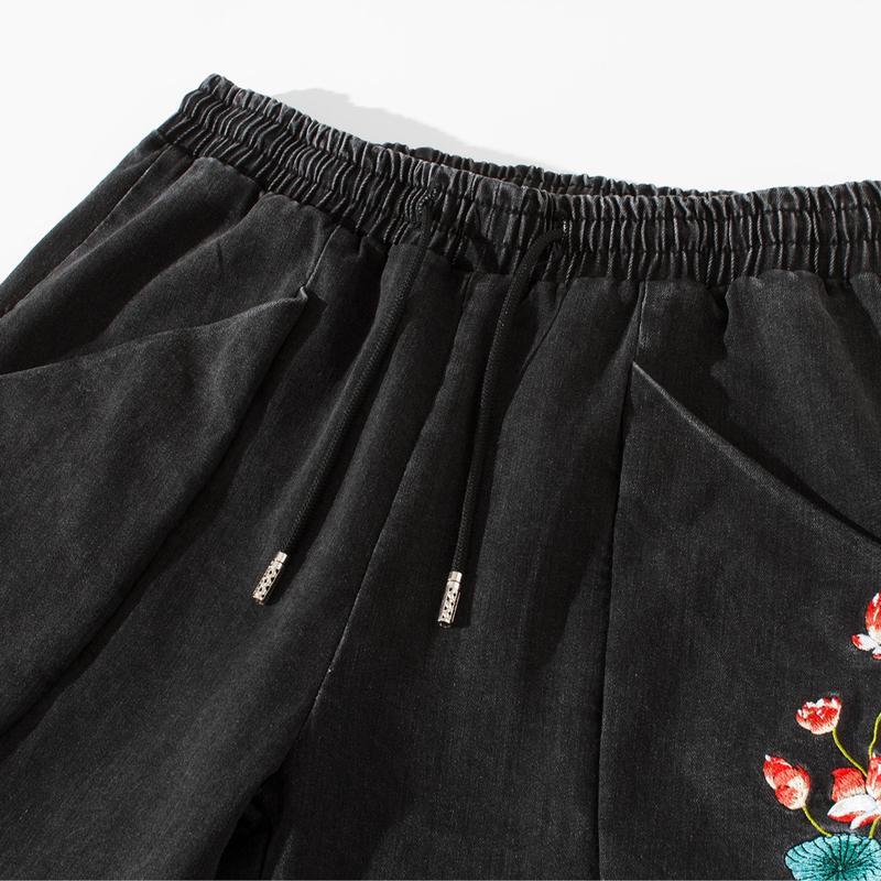 Niepce Streetwear Pants Stone Washed Grey Denim Jeans Joggers with Japanese Embroidery Lotus Flowers