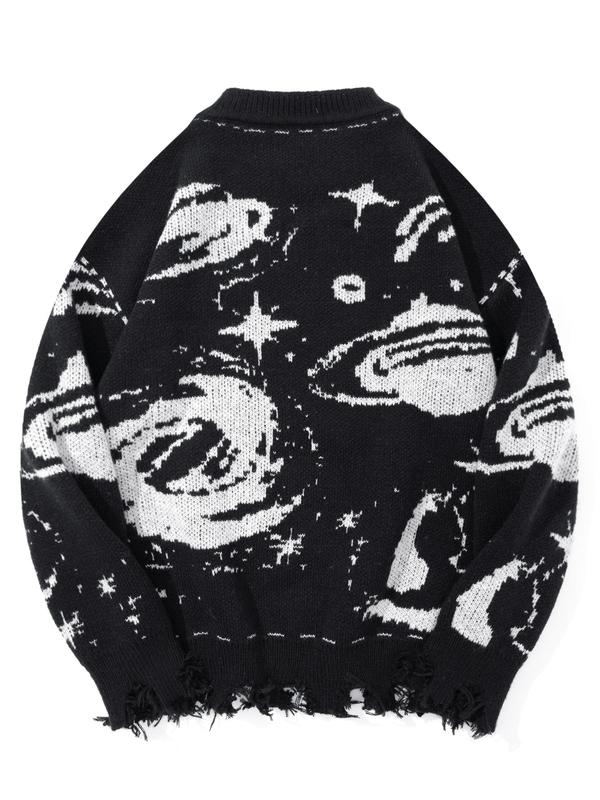 Men's Planet Pattern Drop Shoulder Sweater Pullover, Casual Long Sleeve Round Neck Jumper for Fall & Winter, Fashion Men's Knitwear for Daily Wear