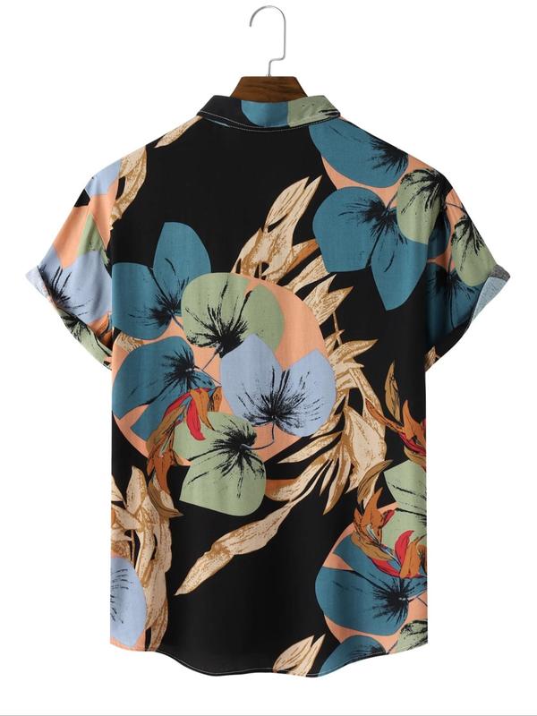 Men's Leaf Print Button Front Shirt, Regular Fit Boho Casual Short Sleeve Collar Shirt for Summer, Fashion Men's Top for Beach Vacation