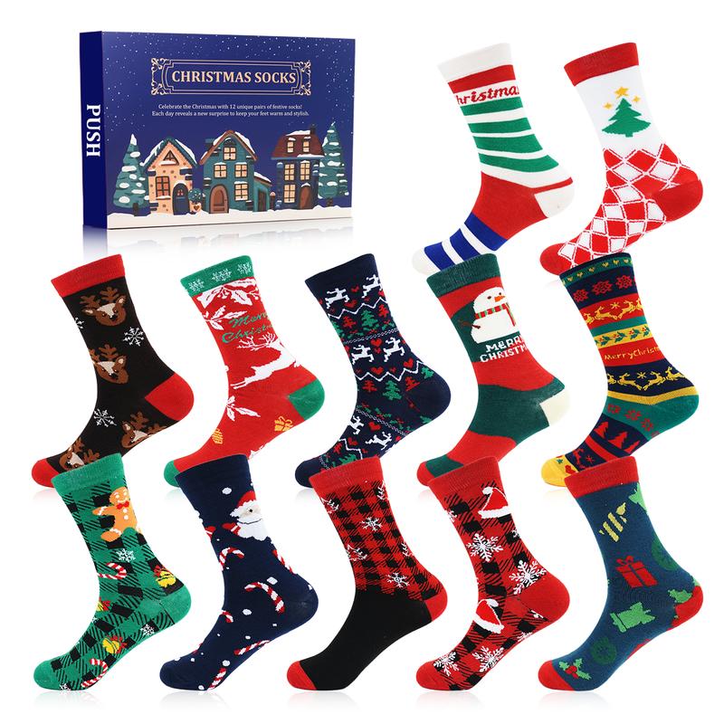 ANOTION Black Friday 2024 Christmas Sock - 12 Days of Christmas Advent Calendar Warm Socks for Men Christmas Countdown Calendar Gifts for Men Holiday Christmas Party Gifts 12 Pairs Christmas Tree Elk Snowman Socks