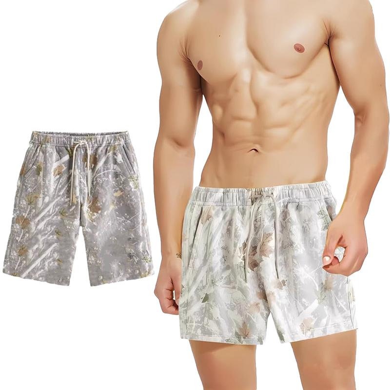 Camo SweatShorts Maple Leaf Print Shorts for Men and Women, Ideal for Fall Hunting Season, Drawstring Closure, Trendy Pants - Menswear, Fabric