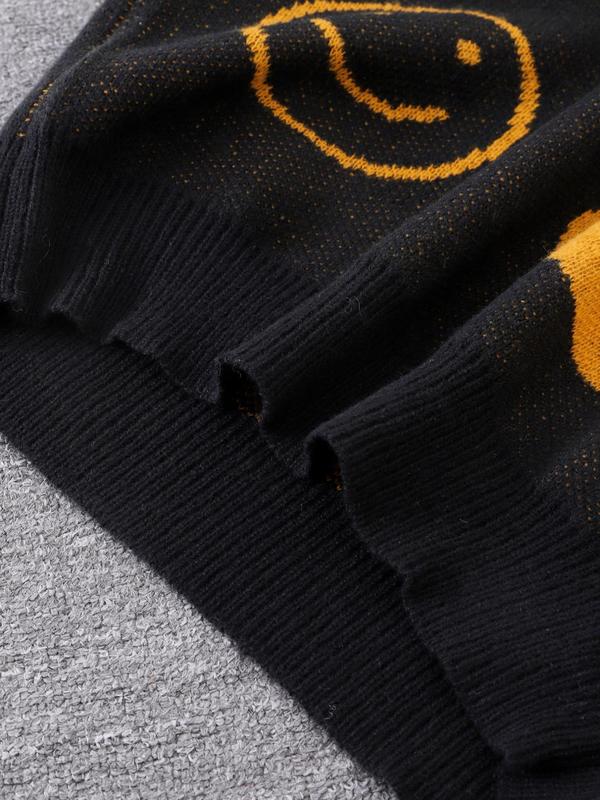Men's Smile Face Jacquard Drop Shoulder Sweater, Regular Fit Casual Long Sleeve Round Neck Jumper for Fall & Winter, Fashion Men's Knitwear for Daily Wear