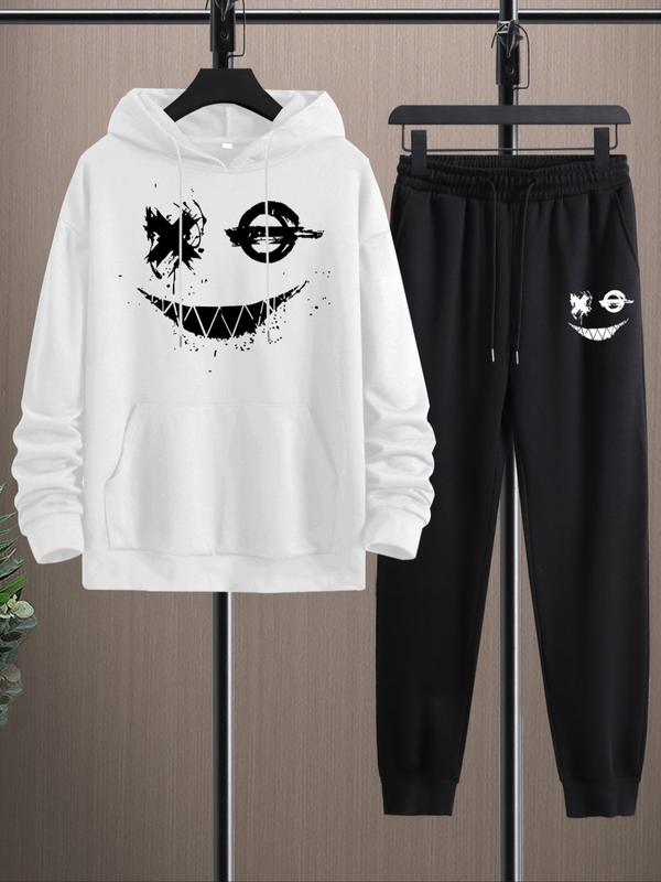  Two-Piece Set Cartoon Face Print Hoodie & Drawstring Waist Sweatpants Set, Regular Fit Casual Long Sleeve Thermal Lined Sweatshirt & Pocket Jogger Pants, Men's Two-piece Outfits for Fall & Winter