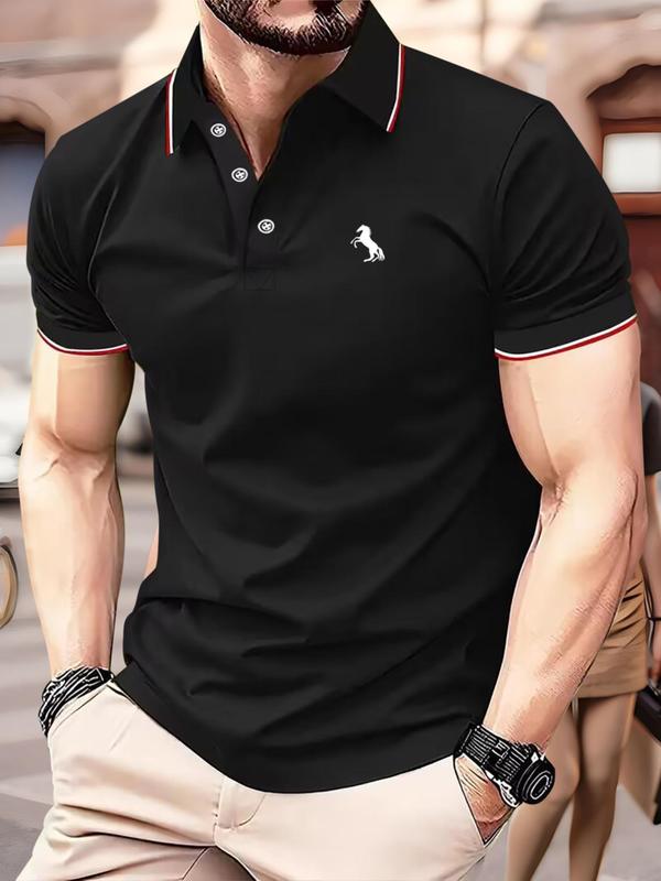 Men's Horse Print Polo Shirt, Casual Regular Fit Short Sleeve Half Button Front Top for Summer, Fashion Men's Clothes for Outdoor Wear