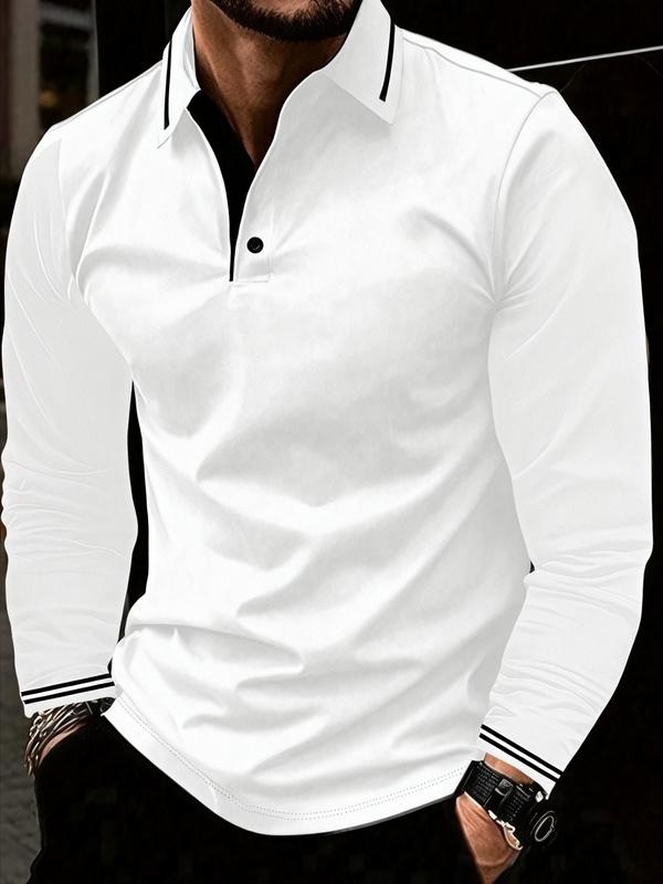 Men's Striped Print Polo Shirt, Regular Fit Casual Long Sleeve Buttons Collared Top for Fall & Winter, Men's Clothes for Daily Wear