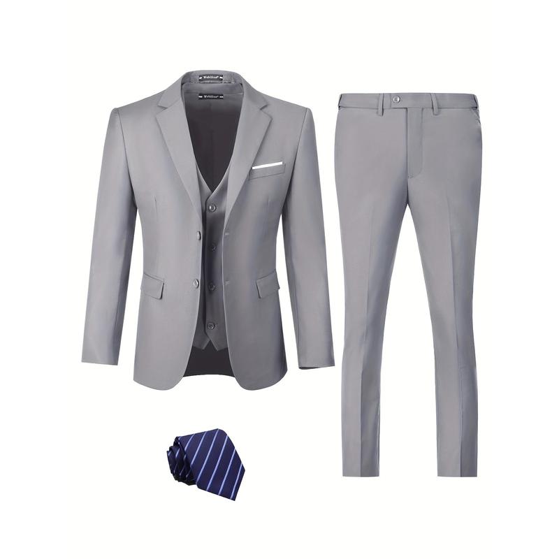 Men's Slim Fit 4 Piece Suit Set, Solid Blazer Jacket, Vest, Pants & Tie