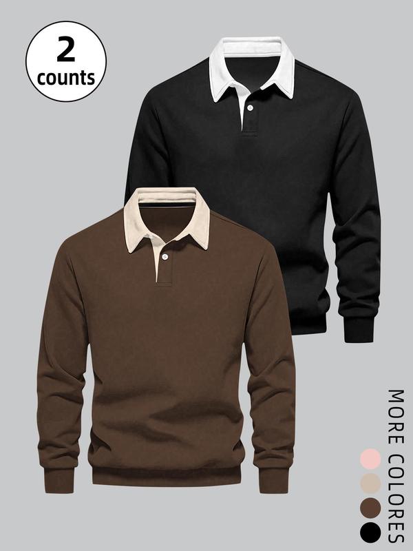 Unisex Men's Solid Long Sleeve Polo Shirt, Casual Regular Fit Button Front Collared Top for Fall & Winter, Men's Clothes for Daily Wear