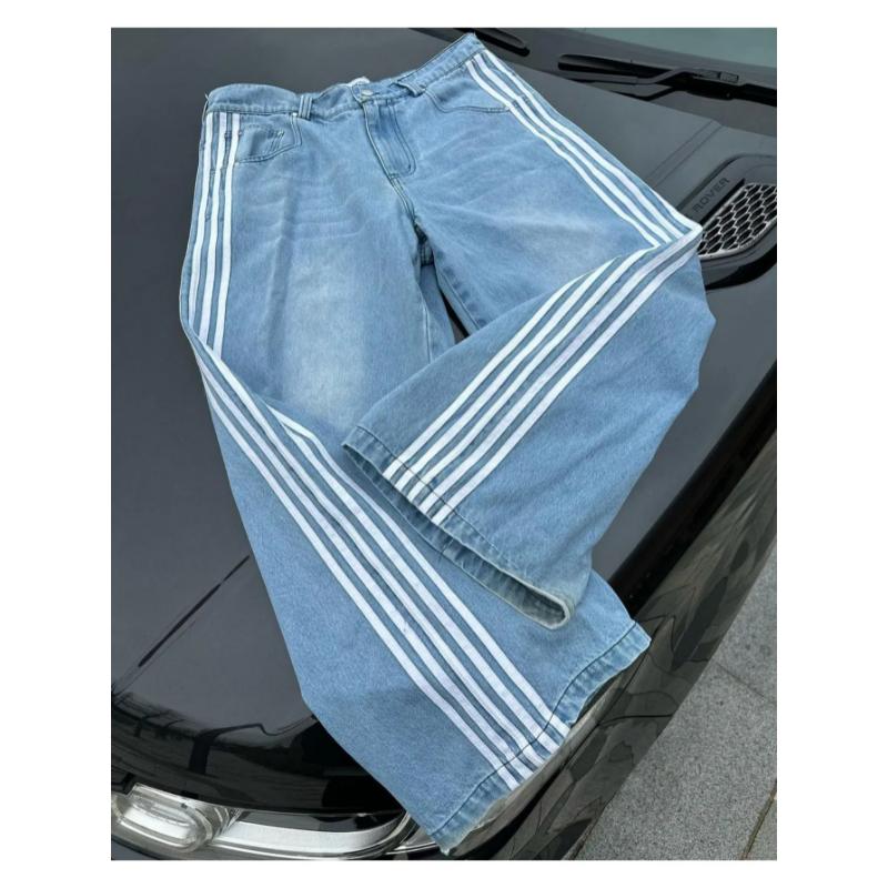 Men's High Waisted Distressed Stripe Baggy Jeans - Classic Korean Fashion Straight Pants with Simple Design, Casual Style, Y2k Inspired, Blue Color, Straight Leg Cut