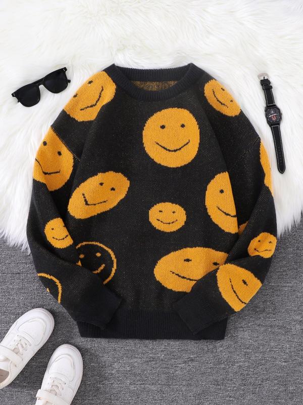 Men's Smile Face Jacquard Drop Shoulder Sweater, Regular Fit Casual Long Sleeve Round Neck Jumper for Fall & Winter, Fashion Men's Knitwear for Daily Wear