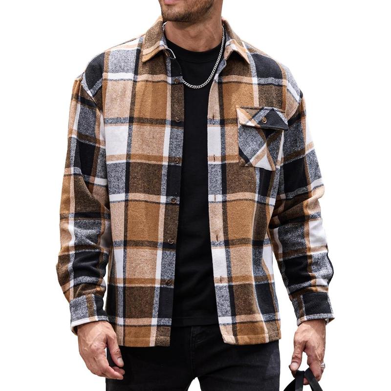 Mens Flannel Shirts Jackets Casual Shackets Button Down Long Sleeve Plaid Shirt Lightweight Jackets with Pockets