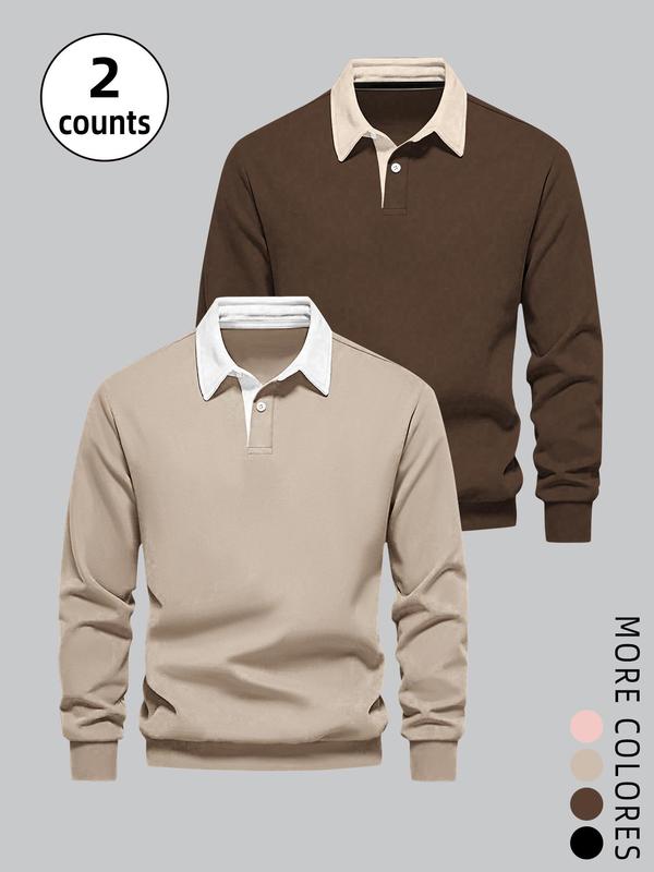 Unisex Men's Solid Long Sleeve Polo Shirt, Casual Regular Fit Button Front Collared Top for Fall & Winter, Men's Clothes for Daily Wear