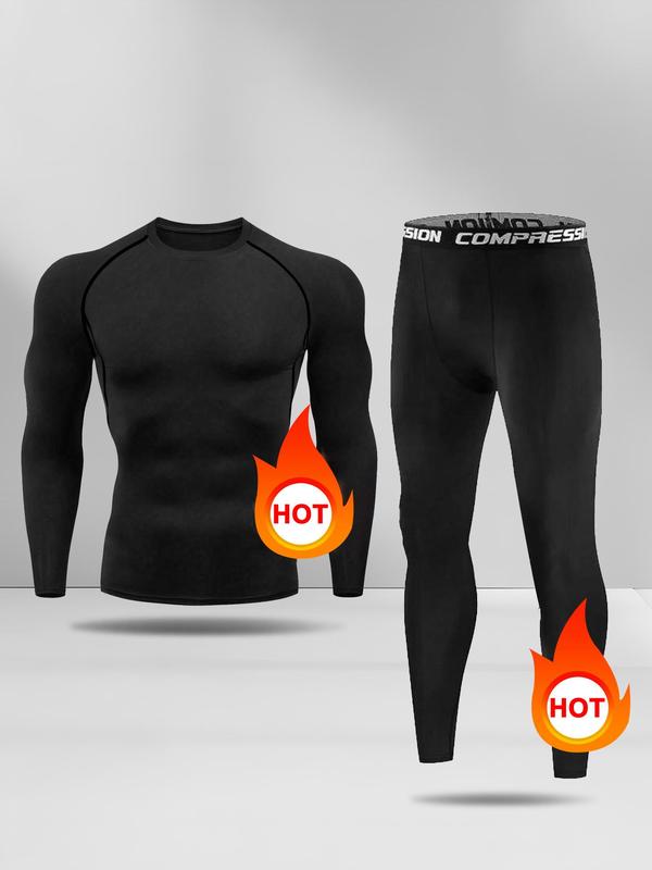 Men's Long Sleeve Compression Top & Leggings Thermal Underwear Set, Casual Comfy Breathable Round Neck Sports T-shirt & Letter Tape Pants Set for Fall & Winter, Men's Sportswear for Outdoor Workout Running Training