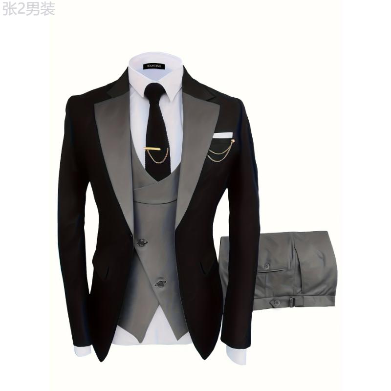 Formal 3 Pieces Set, Men's One Button Suit Jacket & Vest & Pants Suit Set For Business Dinner Wedding Party Menswear Polyester