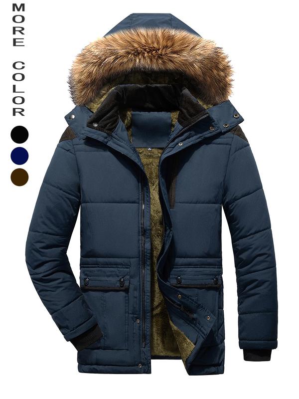 Men's Contrast Faux Fur Trim Pocket Hooded Thermal Jacket, Regular Fit Casual Long Sleeve Button Front Warm Outerwear for Winter, Men's Clothes for Daily Wear