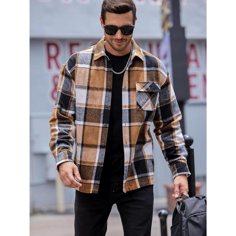 Mens Flannel Shirts Jackets Casual Shackets Button Down Long Sleeve Plaid Shirt Lightweight Jackets with Pockets