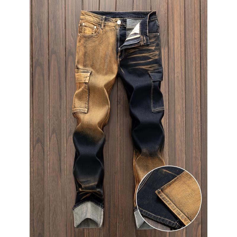 Men's Stylish Cotton Blend Distressed Jeans With Side Pockets, Chic Street Style Regular Fit Bottoms For Men, All Seasons