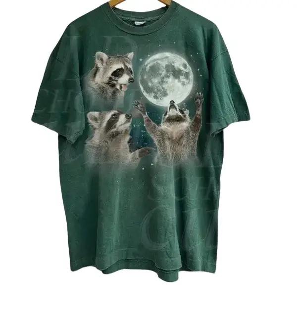 Three Raccoons Vintage Graphic T-shirts, Retro Raccoon Moon Tshirt, Raccoon Lovers, Funny Raccon Tee, Oversized Washed Tee, Raccoon Gifts Menswear Top