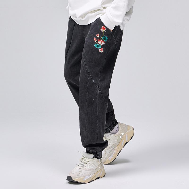 Niepce Streetwear Pants Stone Washed Grey Denim Jeans Joggers with Japanese Embroidery Lotus Flowers