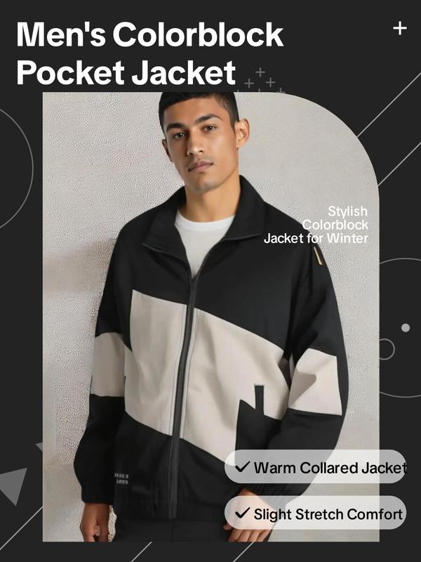 Men's Colorblock Print Pocket Jacket, Casual Zipper Long Sleeve Collared Outerwear for Fall & Winter, Men's Tops for Daily Wear, Men's Clothing, Streetwear, Jackets for Men, Men's Fashion, Men's Clothing, Fall Clothing