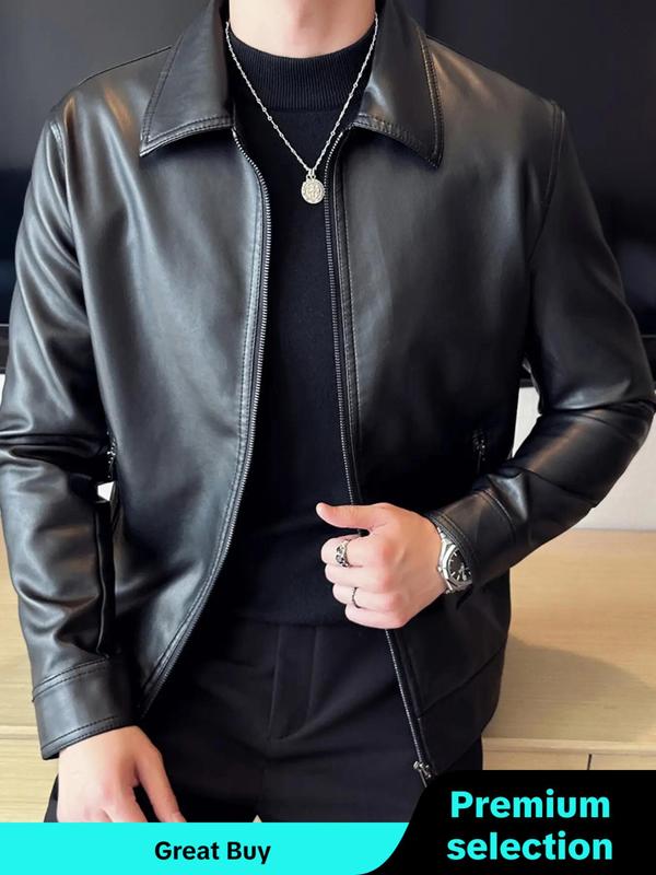 Men's Regular Fit Solid Pocket Zipper Pu Leather Jacket, Men's Designer Clothes, Winter Outfits 2024, Casual Long Sleeve Collar Outerwear for All Seasons, Fashion Men's Clothing for Daily Wear