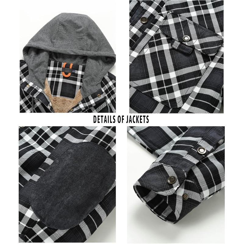 Men's Hooded Coat Casual Thicken Plaid Work Flannel Snap Sherpa Lined Fleece Shirt Jacket Menswear Evening Outdoor Pockets Top Warmer Long Sleeve