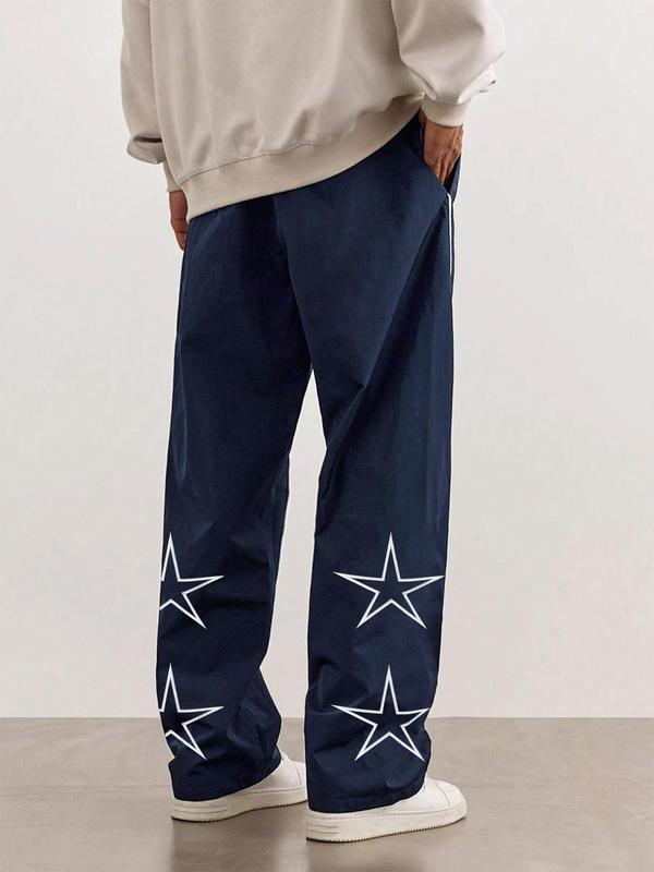 Men's Loose Star Print Drawstring Waist Wide Leg Pants, Casual Pocket Trousers for Daily Wear, Back To School Outfits, Pants for Men, Woven Bottoms for All Seasons