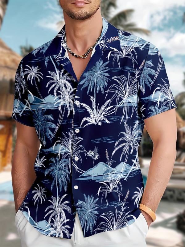 Men's Coconut Tree Print Button Front Shirt, Casual Regular Fit Short Sleeve Hawaiian Shirt for Summer, Men's Top for Beach Vacation