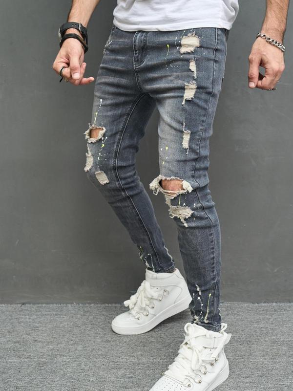 Men's Ink Splash Print Ripped Knee Skinny Jeans, Fashion Casual Pocket Design Denim Pants for Daily Outdoor Wear, Mens Bottoms for All Seasons