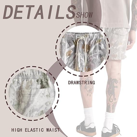 Camo SweatShorts Maple Leaf Print Shorts for Men and Women, Ideal for Fall Hunting Season, Drawstring Closure, Trendy Pants - Menswear, Fabric