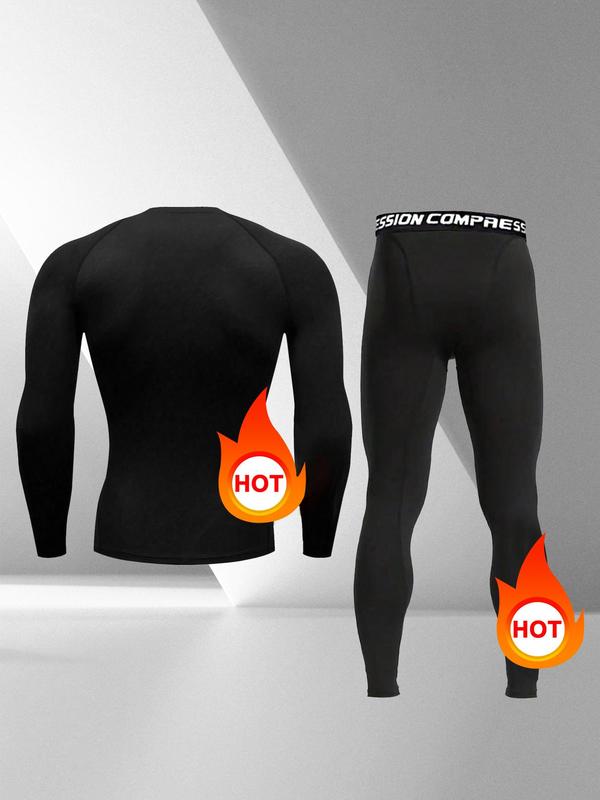 Men's Long Sleeve Compression Top & Leggings Thermal Underwear Set, Casual Comfy Breathable Round Neck Sports T-shirt & Letter Tape Pants Set for Fall & Winter, Men's Sportswear for Outdoor Workout Running Training