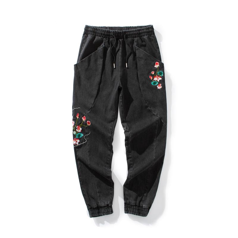 Niepce Streetwear Pants Stone Washed Grey Denim Jeans Joggers with Japanese Embroidery Lotus Flowers