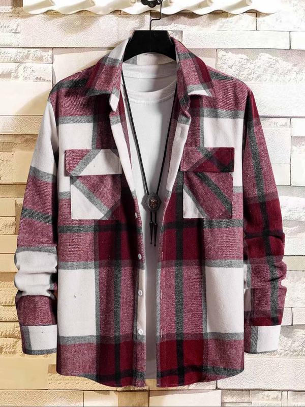 Men's Plaid Print Pocket Shirt, 2024 New Style Regular Fit Casual Long Sleeve Collared Button Up Top for All Seasons, Men's Clothes for Daily Wear