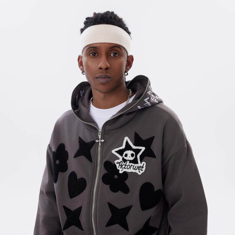 Menswear Star Pattern Print Full Face Zip Sweatshirt Harajuku Zip to Top Hoodie Sweatshirt Jacket Sweaters Pullover Long Sleeve Casual Longsleeves