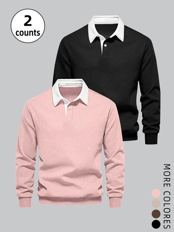 Unisex Men's Solid Long Sleeve Polo Shirt, Casual Regular Fit Button Front Collared Top for Fall & Winter, Men's Clothes for Daily Wear