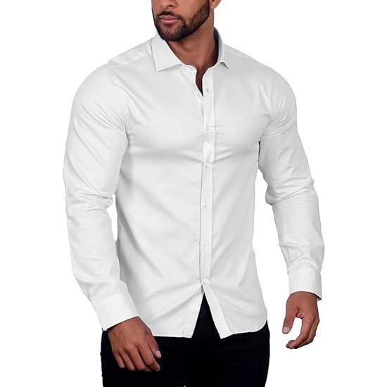 COOFANDY Men's Muscle Fit  Shirt Wrinkle Free Long Sleeve Button Down Shirt - For Business Work Casual Classic Cotton Fabric Menswear Tops Classy Elastic Pants Plaid Slim Fit Stylish Collar