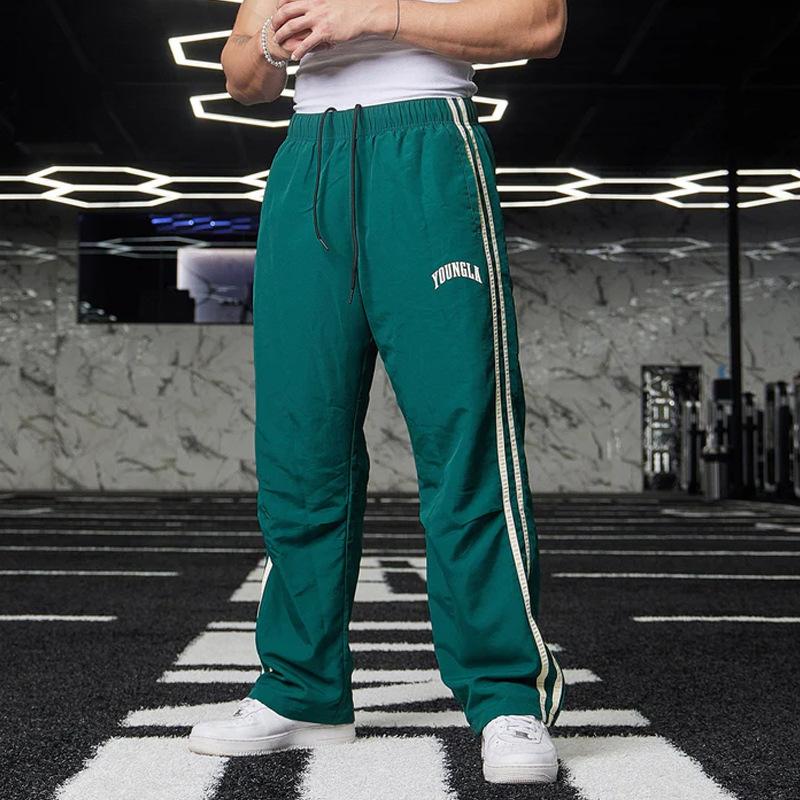 YOUNGLA men's sports pants double spliced printed casual pants gym exercise fitness waist straight pants