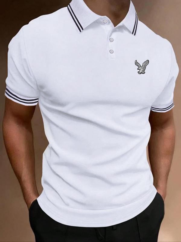 New Business Leisure Embroidered Lapel Polo Shirt, Summer Clothes Horse & Eagle & Deer Animal Embroidered T-shirt, Striped Print Drop Shoulder Short Sleeve Top for Men, Polo Shirts Men, Business Comfy Breathable Knitting Top for Summer Back To School