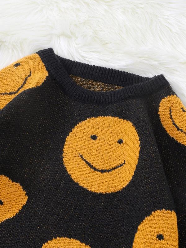 Men's Smile Face Jacquard Drop Shoulder Sweater, Regular Fit Casual Long Sleeve Round Neck Jumper for Fall & Winter, Fashion Men's Knitwear for Daily Wear