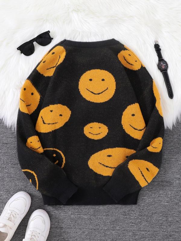 Men's Smile Face Jacquard Drop Shoulder Sweater, Regular Fit Casual Long Sleeve Round Neck Jumper for Fall & Winter, Fashion Men's Knitwear for Daily Wear