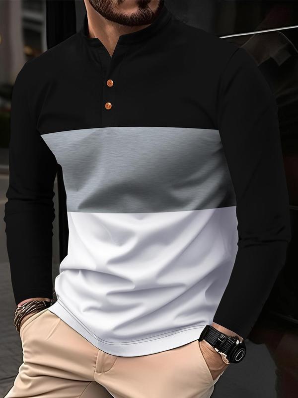 Men's Colorblock Half Button Polo Shirt, Regular Fit Casual Long Sleeve Top for Fall & Winter, Men's Clothes for Daily Wear, Fall Clothes 2024