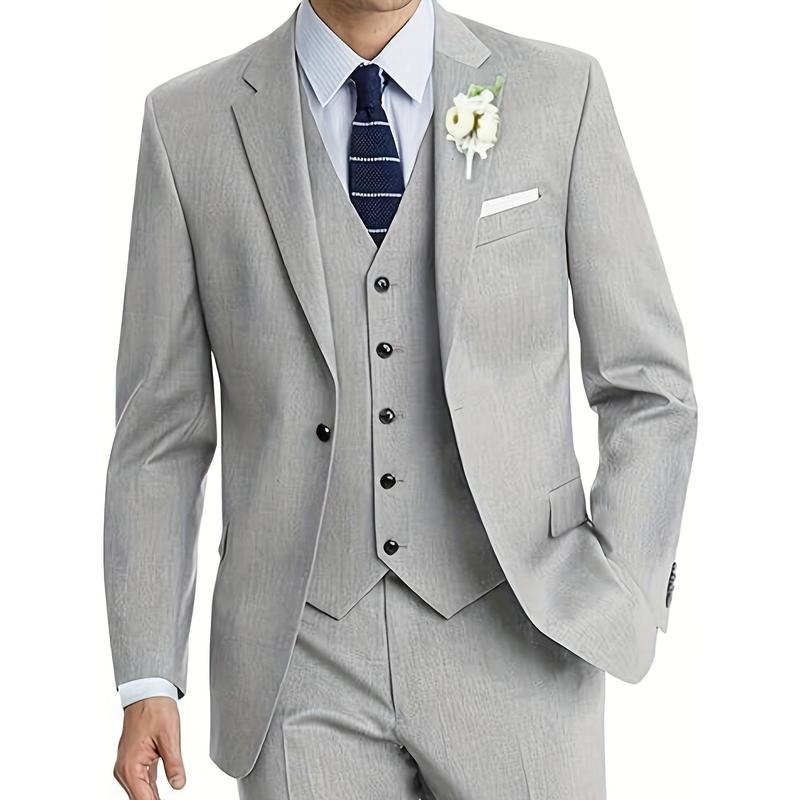 Men's Slim Fit 4 Piece Suit Set, Solid Blazer Jacket, Vest, Pants & Tie