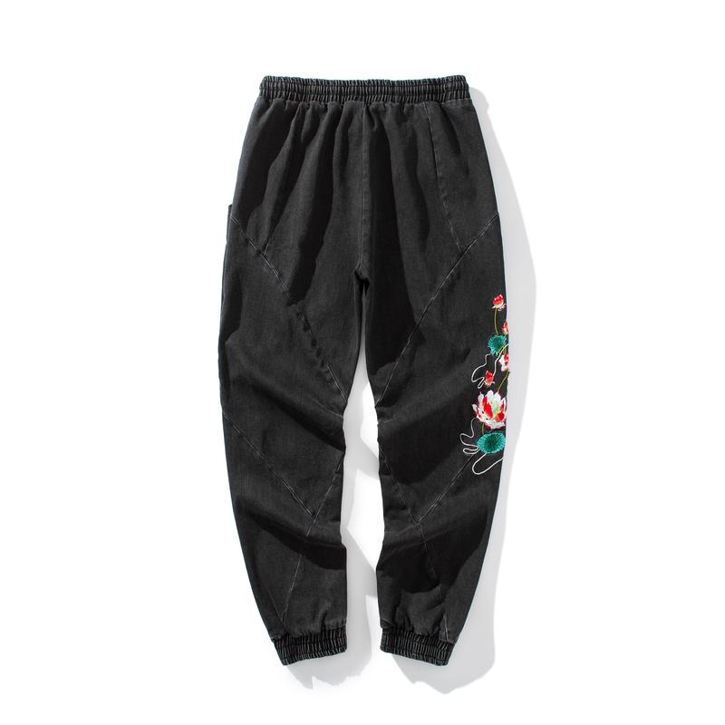 Niepce Streetwear Pants Stone Washed Grey Denim Jeans Joggers with Japanese Embroidery Lotus Flowers